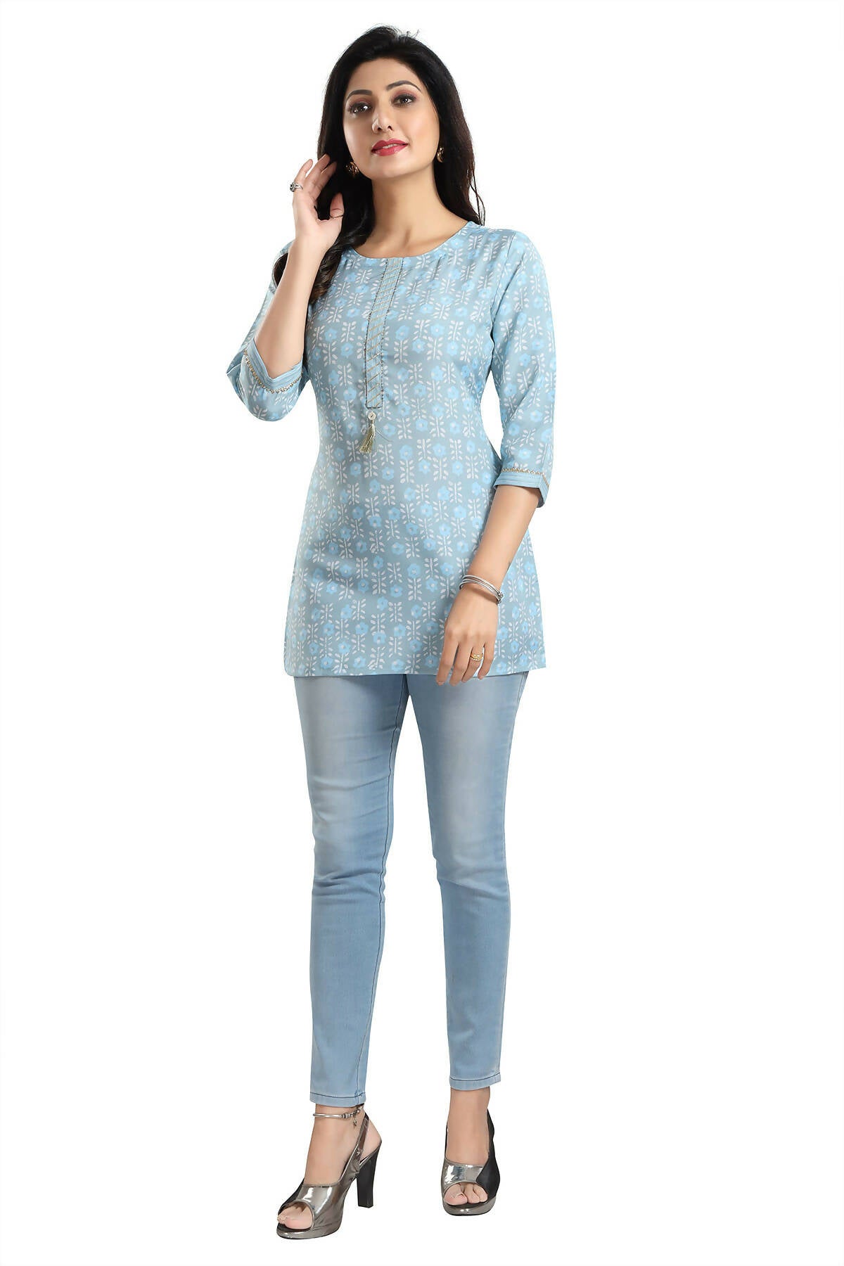Snehal Creations Pretty Pastel Sky Blue Rayon Short Kurti Tunic Top