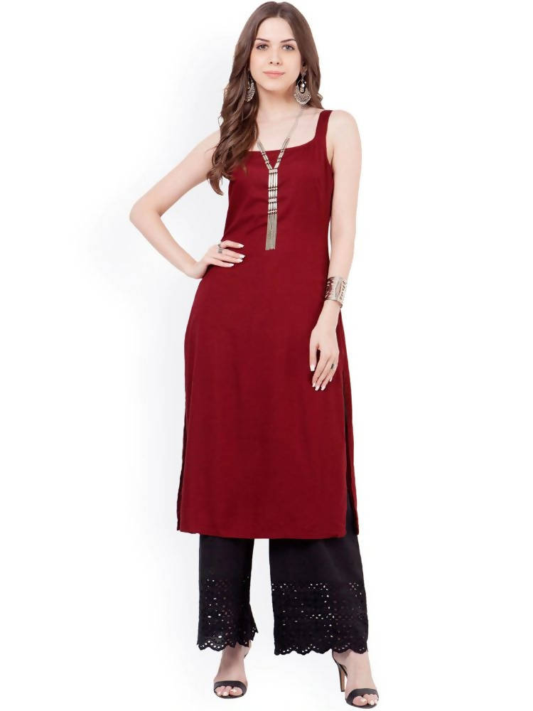 Indya Women Maroon Solid Straight Kurta | Grab2Buy