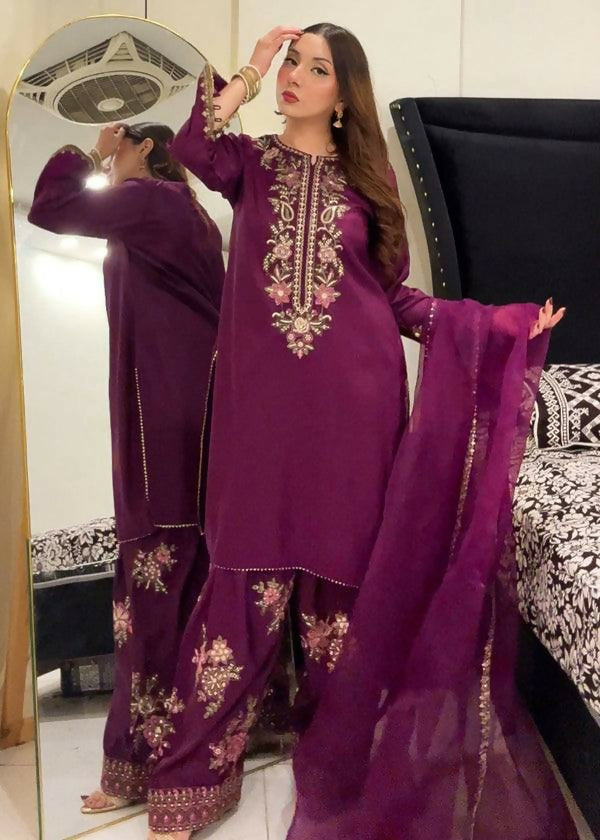 Teeya Creation Womens Trendy Stylish Embroidery Thread Work Purple Kurta Set