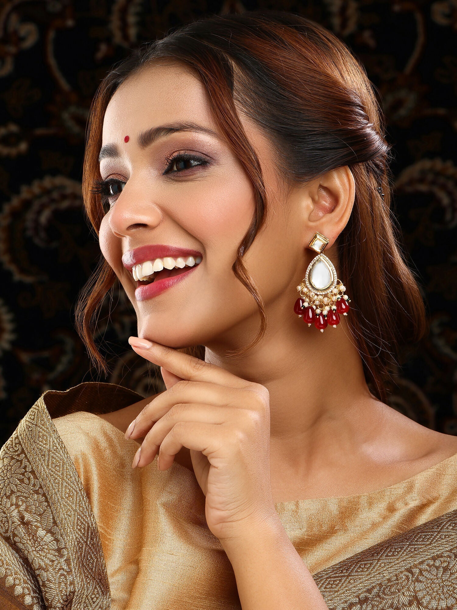 Ruby Raang Gold Polished Kundan Earrings With Maroon Stones | Swadesiicart