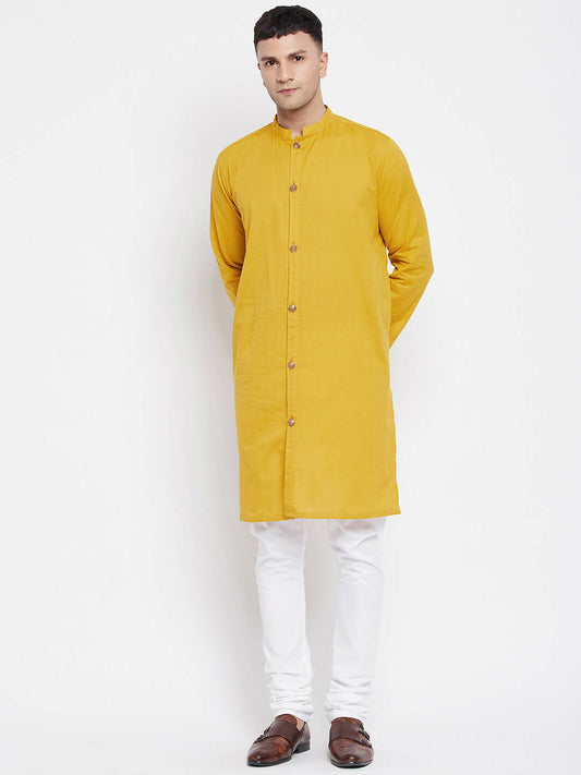 Even Apparels Yellow Pure Cotton Men's Sherwani Kurta With Open Front 