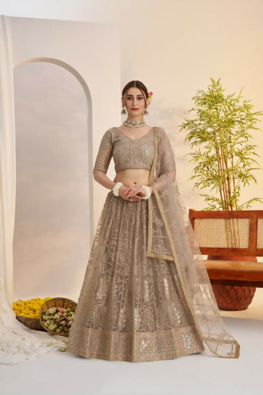 Aastha Fashion Metallic Gray Butterfly Net Tone To Tone Cotton Thread Work And Sequence Work Embroidery Wedding Wear Lehenga Choli