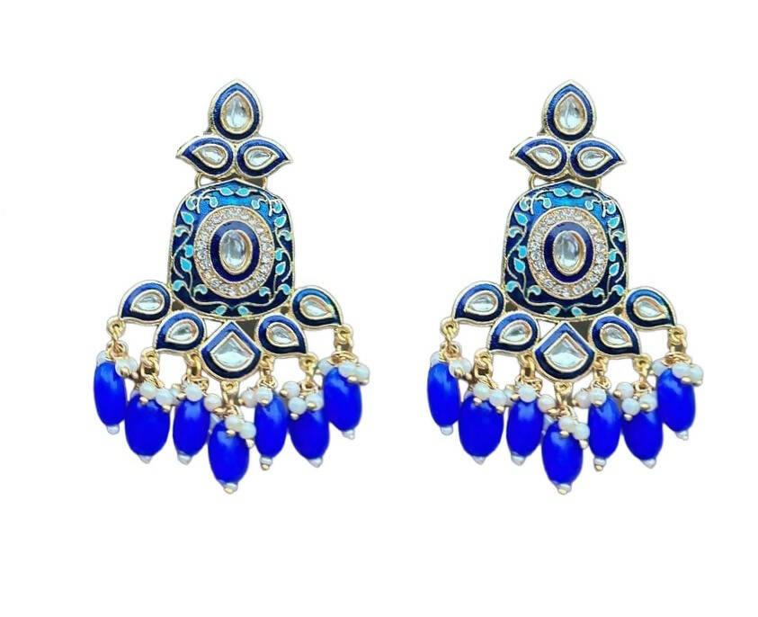 Gold-Toned Blue Kundan Contemporary Drop Earrings for Women & Girls By House of Ree - Grab2buy