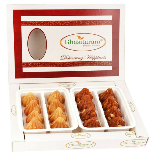 Ghasitaram White Box of Dodha Barfi and Mysore Pak Modaks 