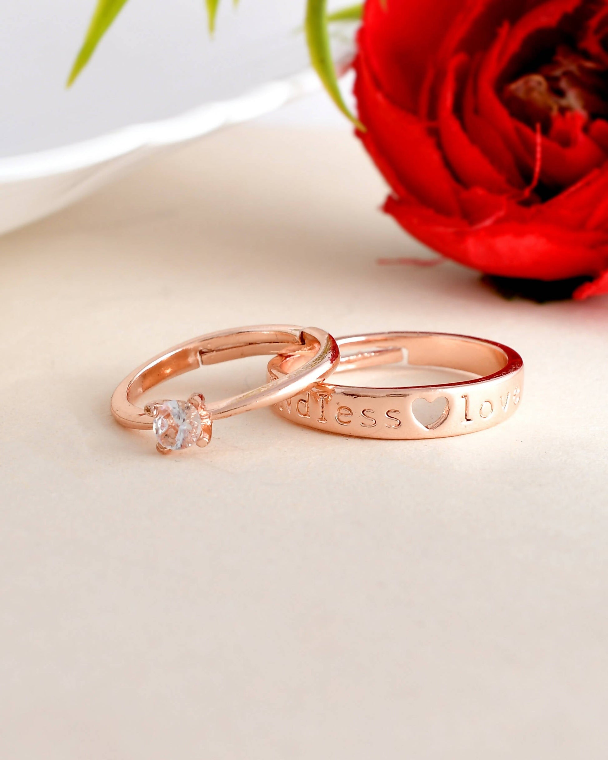 VOJ Stainless Steel Cubic Zirconia Gold-Polished Adjustable Couple Ring Set 