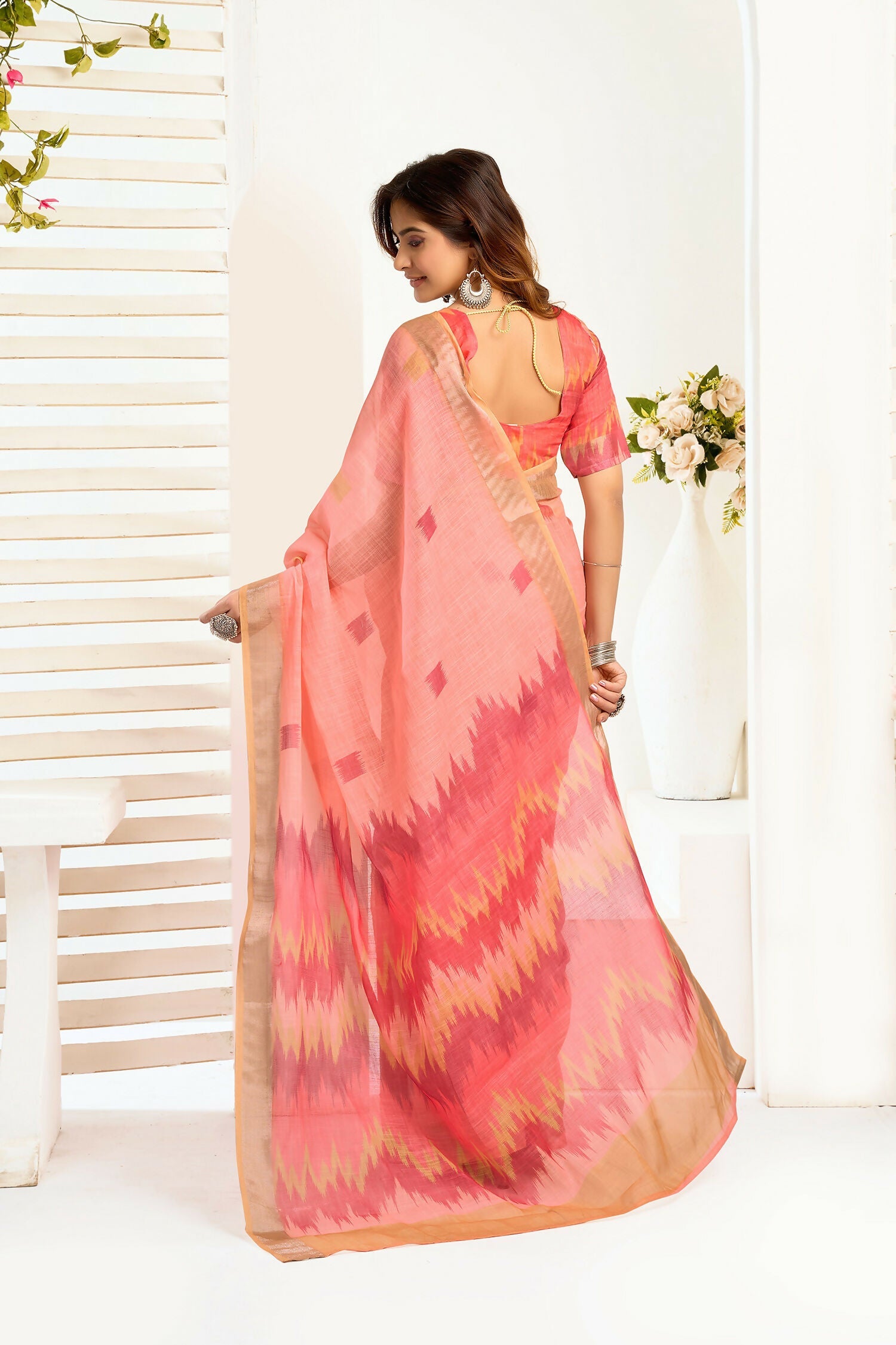 Joban Fashion Peach Ikkat Linen Ready To Wear Saree With Unstitched Blouse
