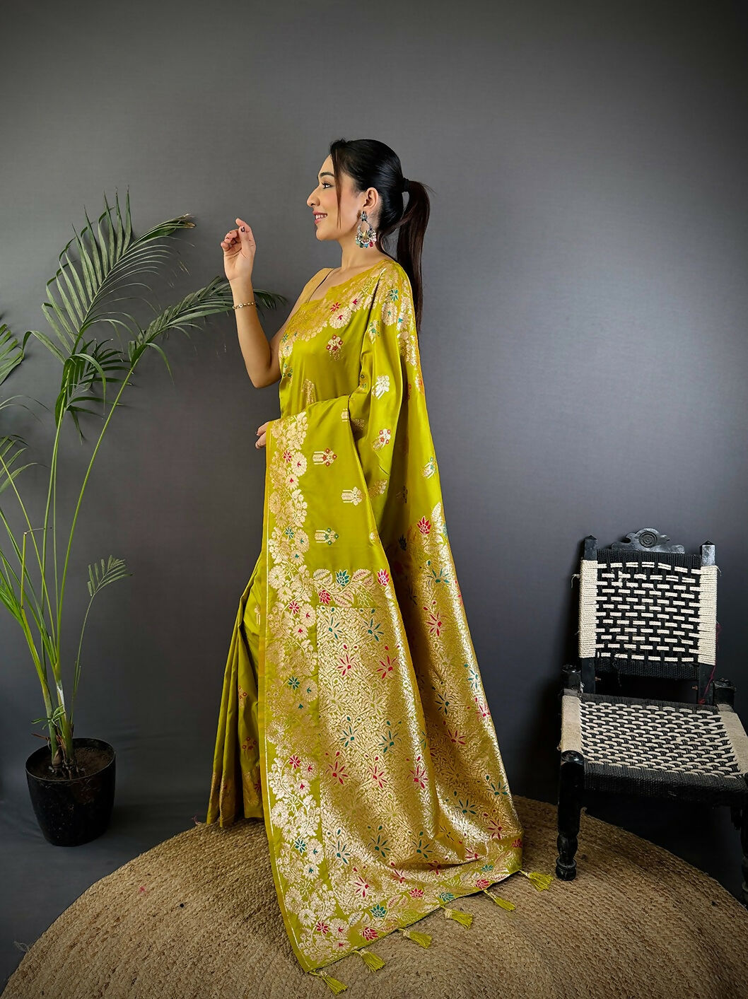 Joban Fashion Meenakari Lime Green Woven Soft Silk Saree