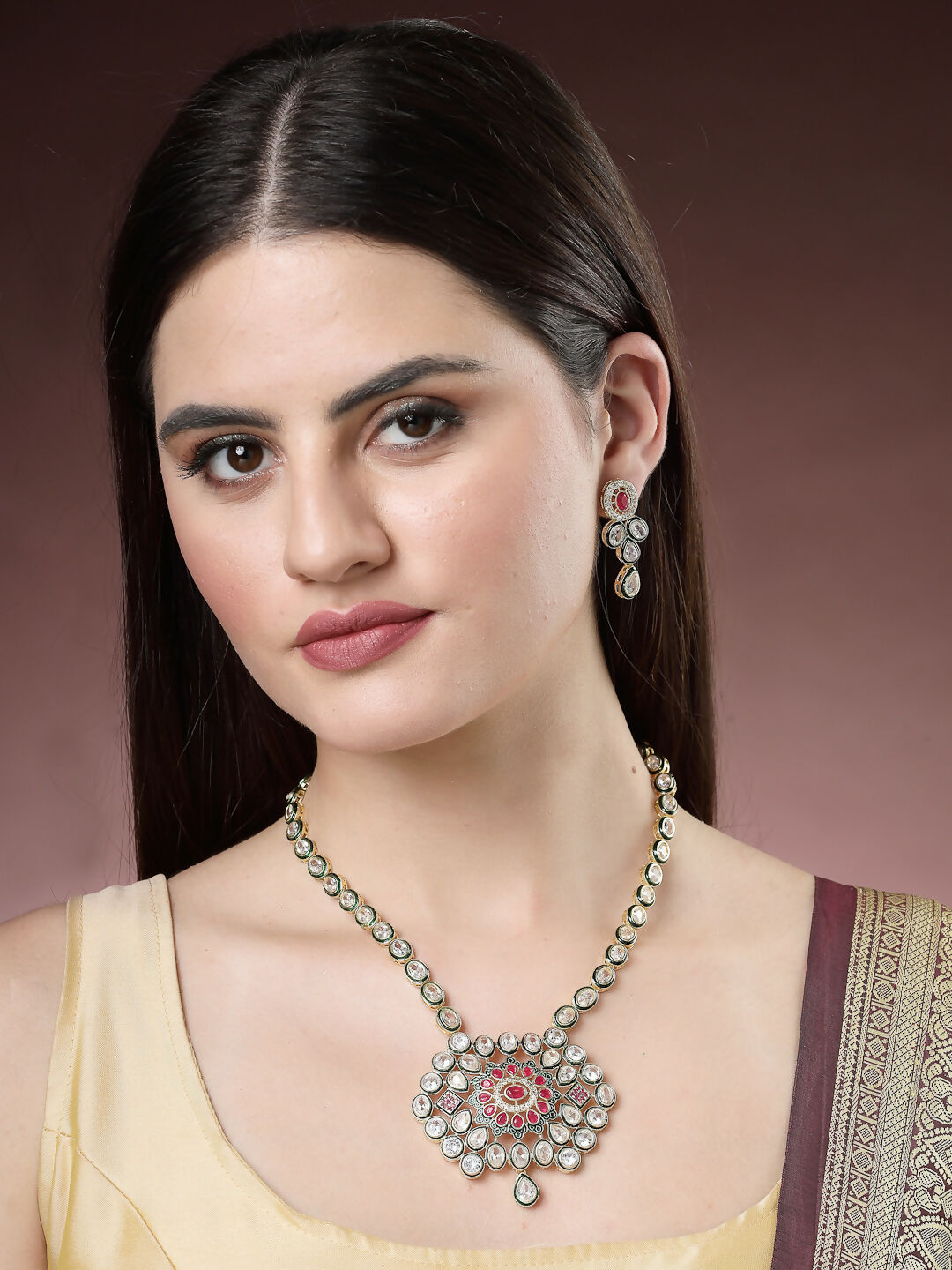 NVR Women's Red & Gold Kundan Studded Handcrafted Jewellery Set - Grab2buy