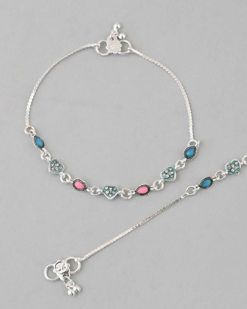 VOJ Set of 2 Silver Plated Heart Shaped Meenakari Anklet 