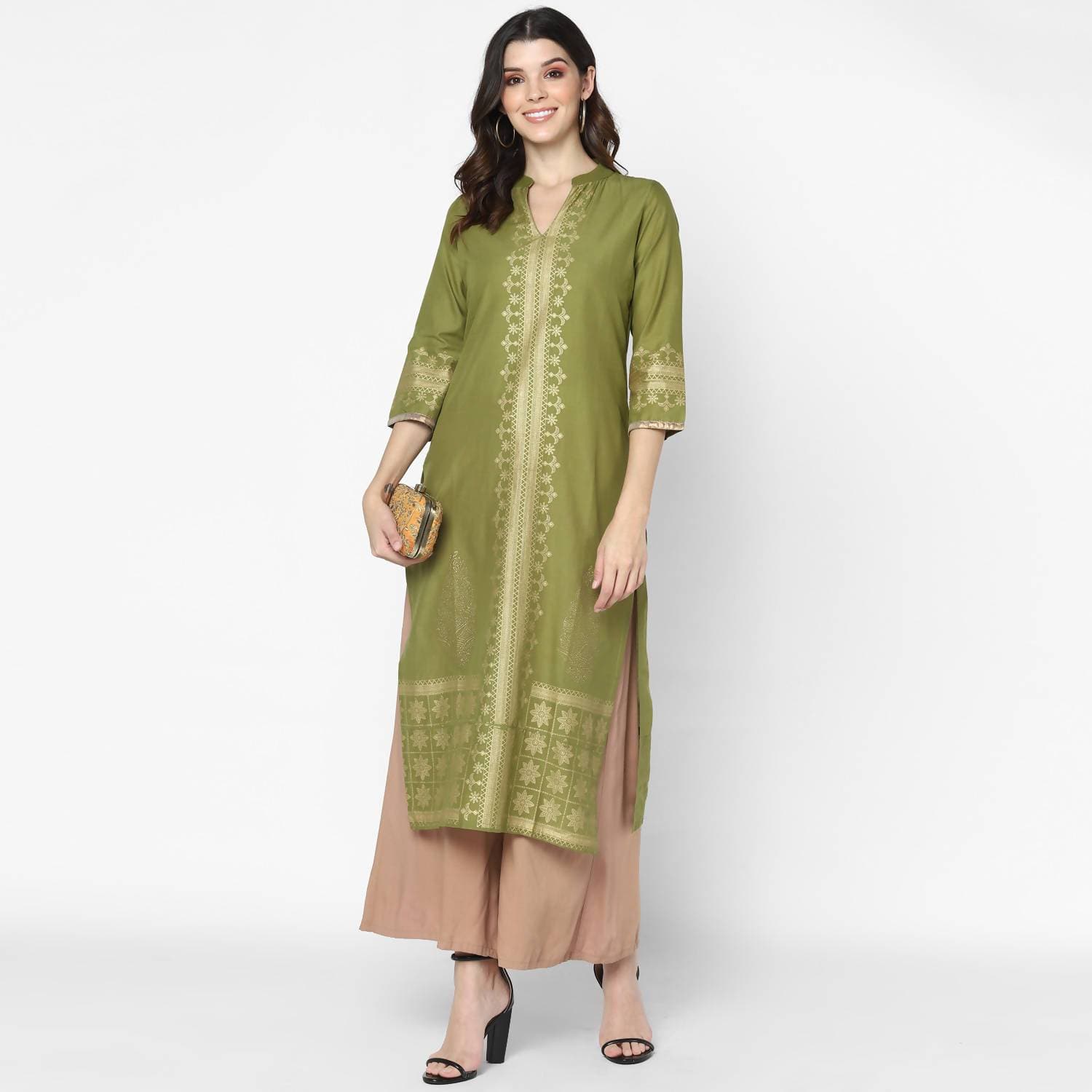 Cheera Hand Block Print Military Color & Skin Color Straight Kurta With Palazzo (MAAI-076K)