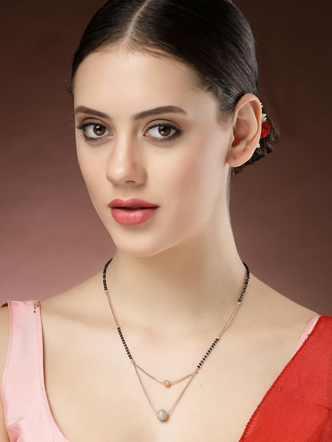 NVR Women's Rose Gold CZ Stone-Studded & Beaded Layered Mangalsutra 