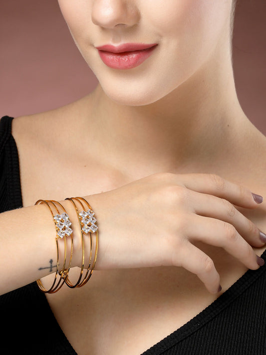 NVR Women's Set of 2 Gold-Polished CZ Stone-Studded Adjustable Bangles