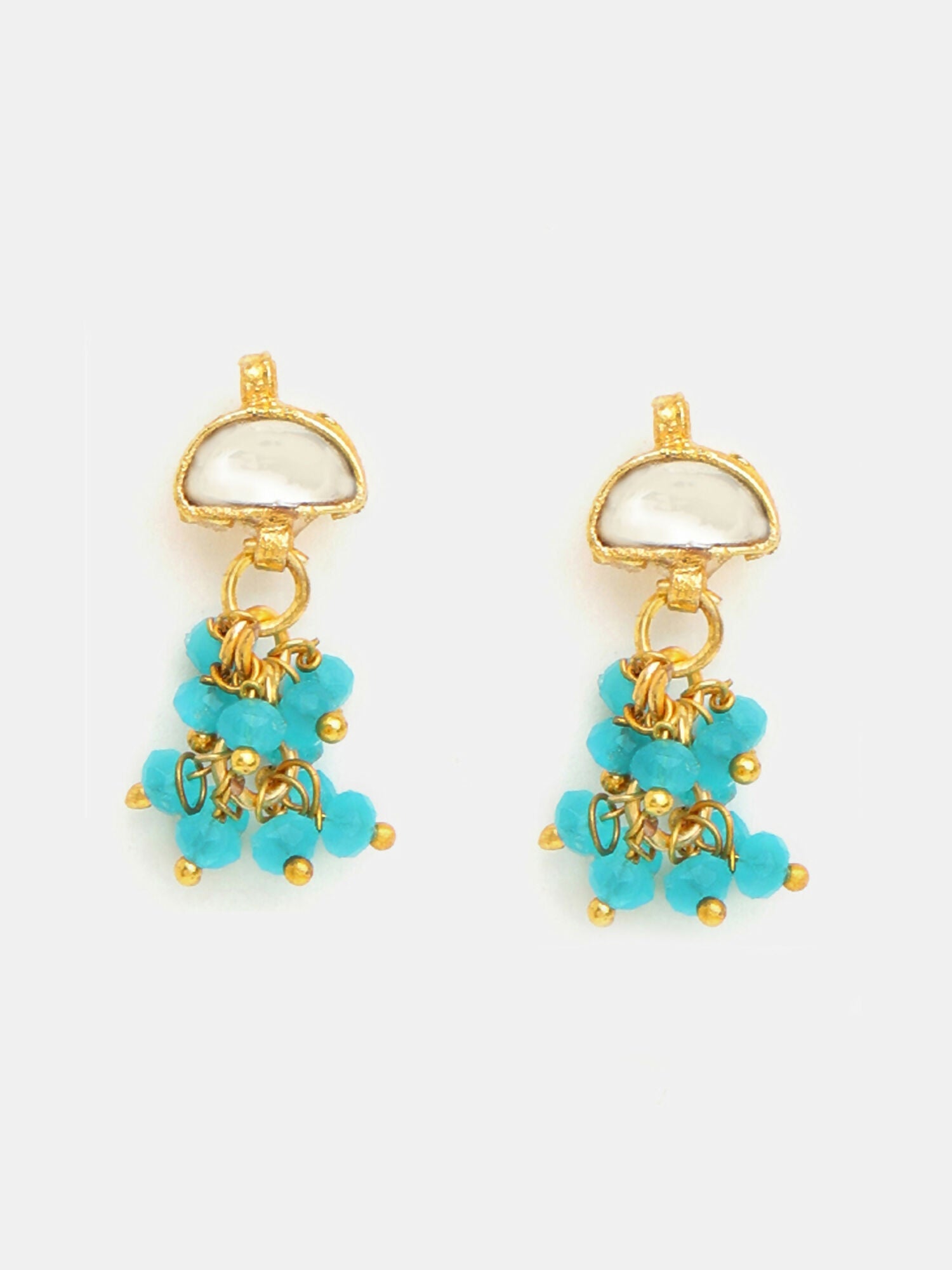 Ruby Raang Semi-Circle Gold Blue Earrings Set With Maang Tikka