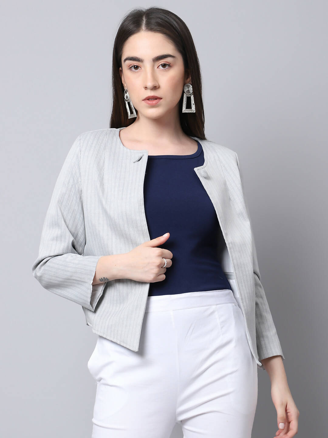 Even Apparels Grey Polywool Open Front Statement Women's Jacket (PW681)