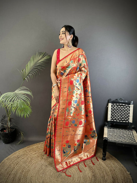 Joban Fashion Reddish Pink Mughal-Inspired Motifs Soft Silk Paithani Saree