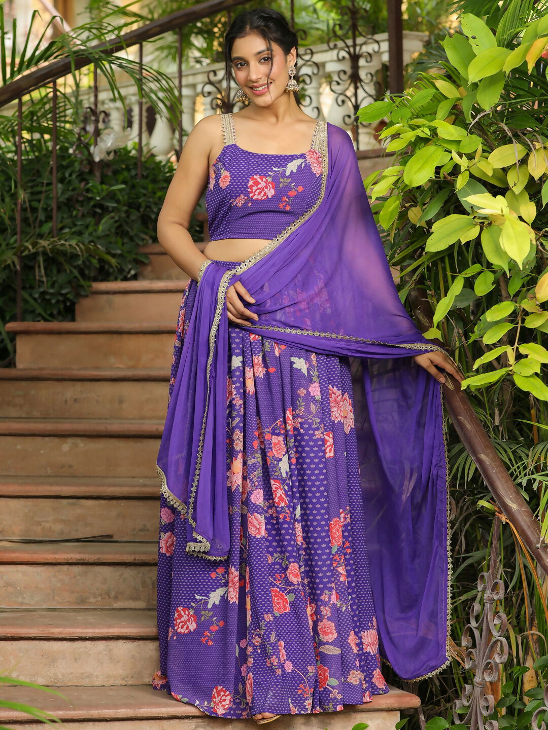 Janasya Purple Georgette Floral Lehenga Choli Dupatta 