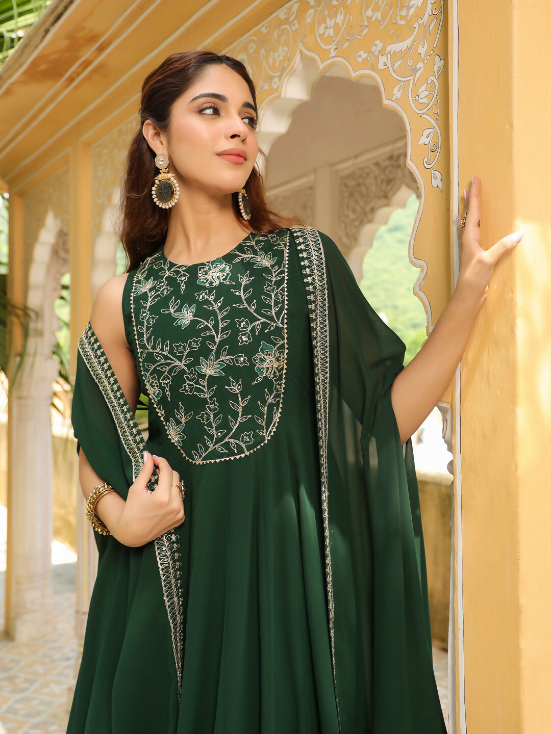 Janasya Dark Green Georgette Embroidered Dress & Jacket 