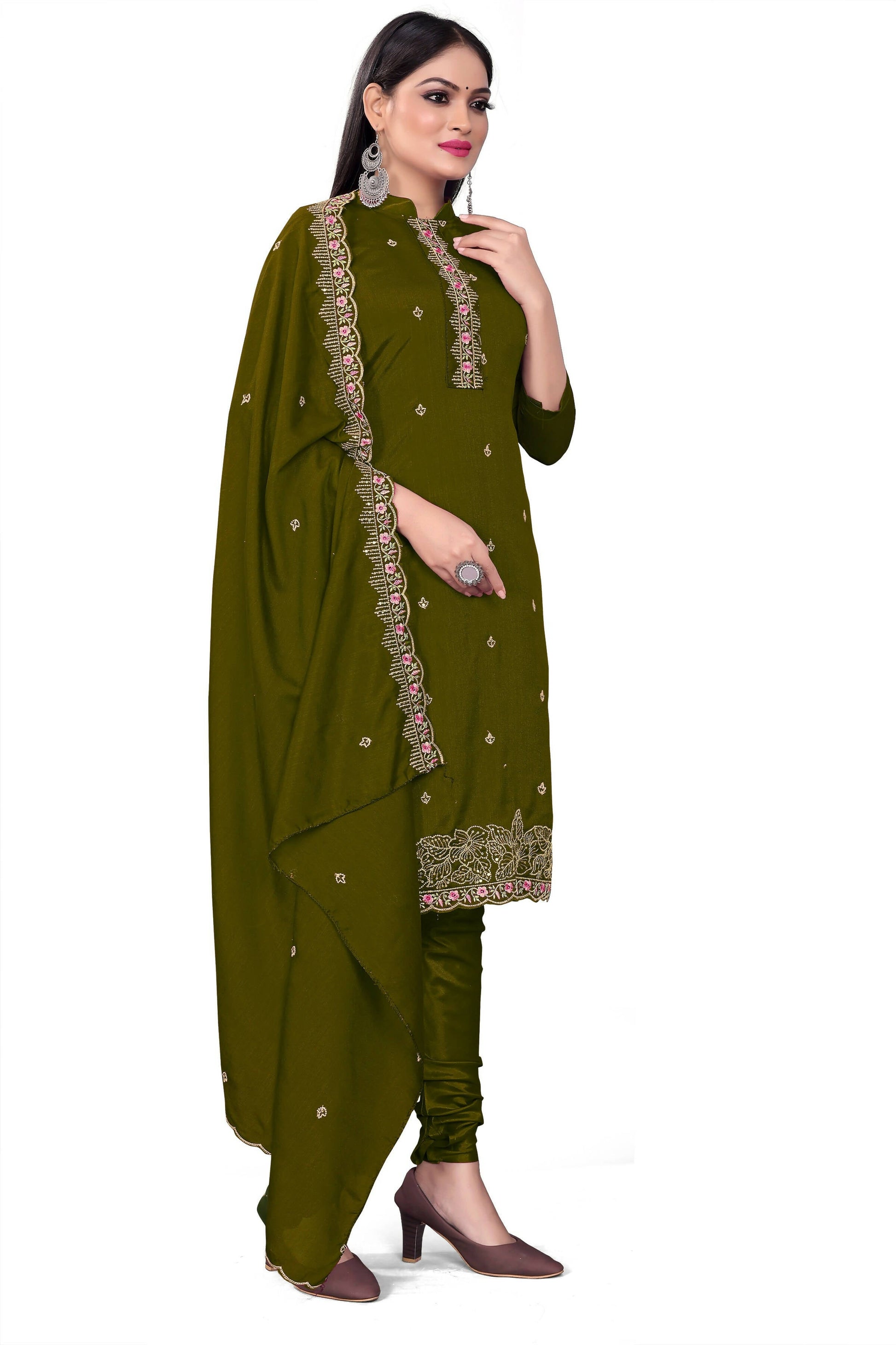 Green Silk Embroidered with Sequins work Unstitched Dress Material - Tanvi