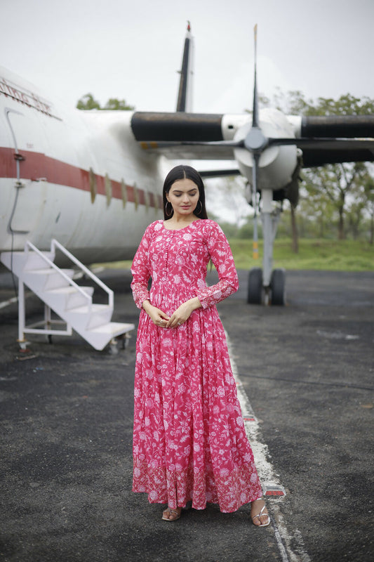 Aayaa Printed Faux Georgette with Embroidery Zari Sequins work Gown - Red Pink