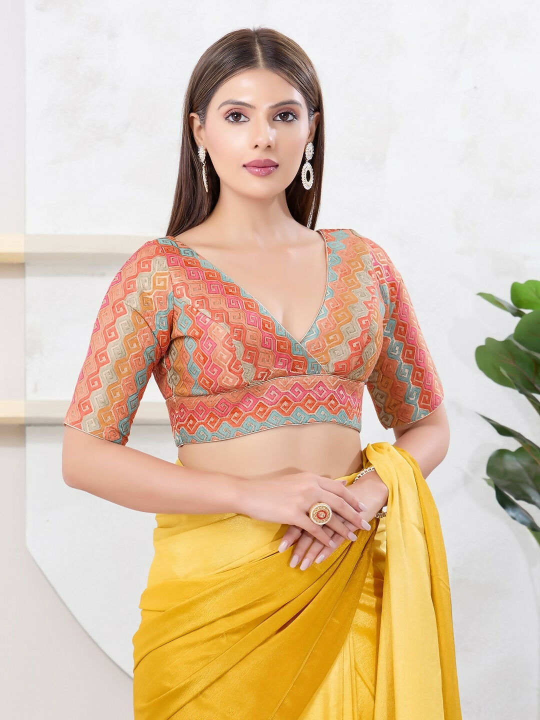 Joban Fashion Peach Brocade Elbow Sleeveless Back Open Blouse | Grab2Buy