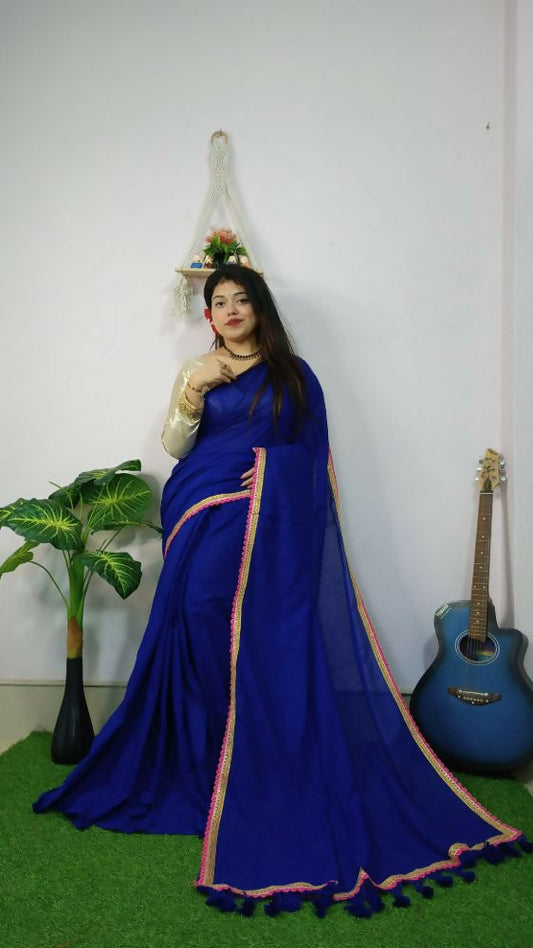 Exclusive Collection Beautiful Khadi Cotton Handloom Grab2Buy With Beautiful Zari Border - Royal Blue 