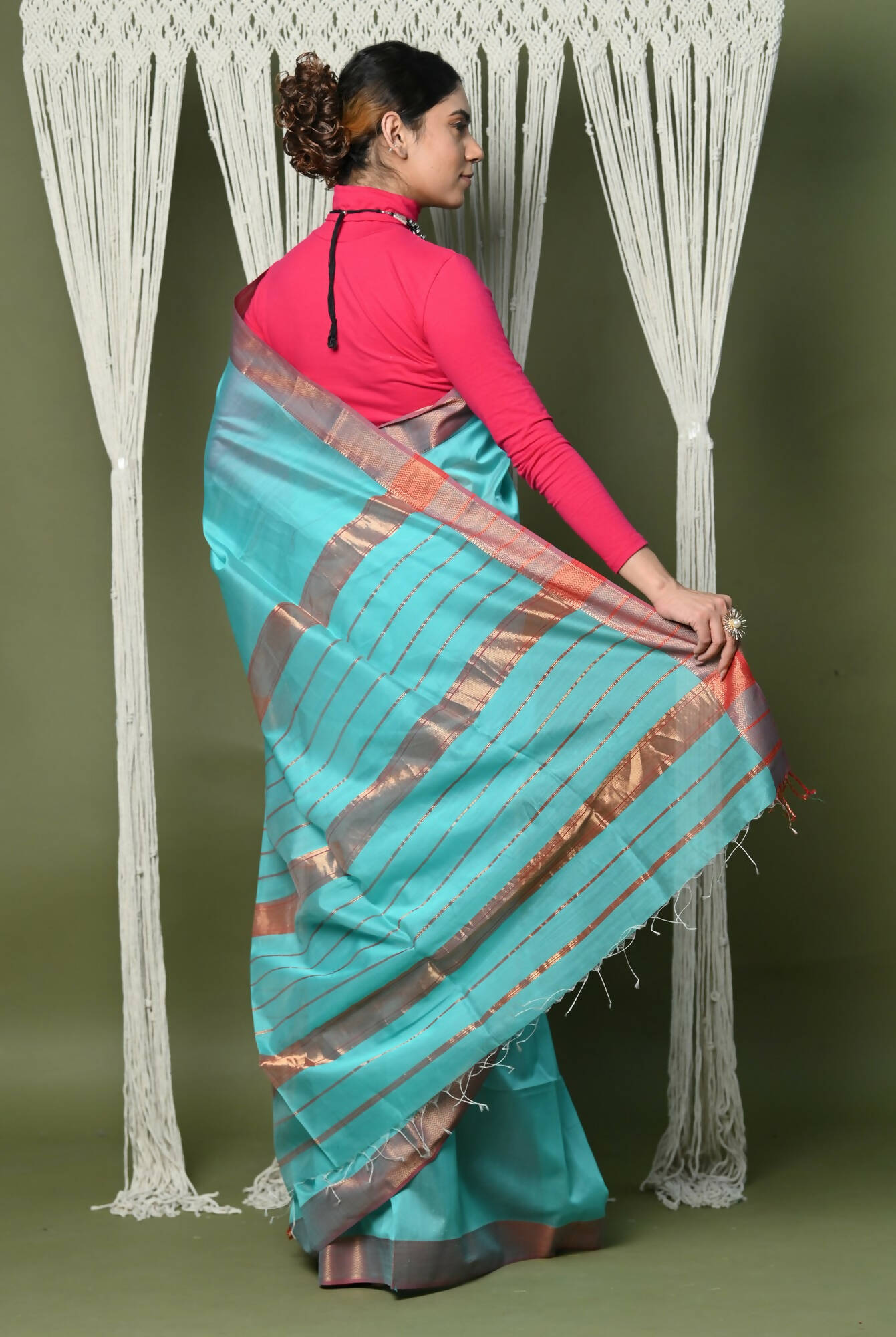 Very Much Indian Handloom Cotton Silk Maheshwari Grab2Buy With Sleek Golden Border - Sky Blue 