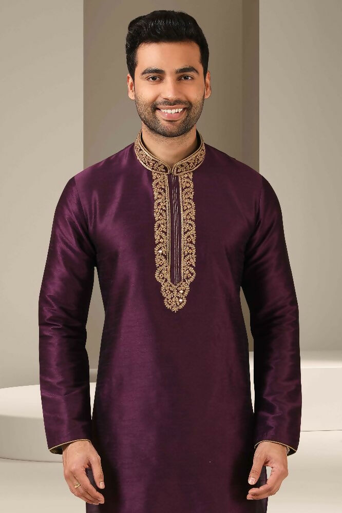 Raivat Ethnic Banarasi Art Silk Mirror Work Kurta Pajama In Mangenta Colour