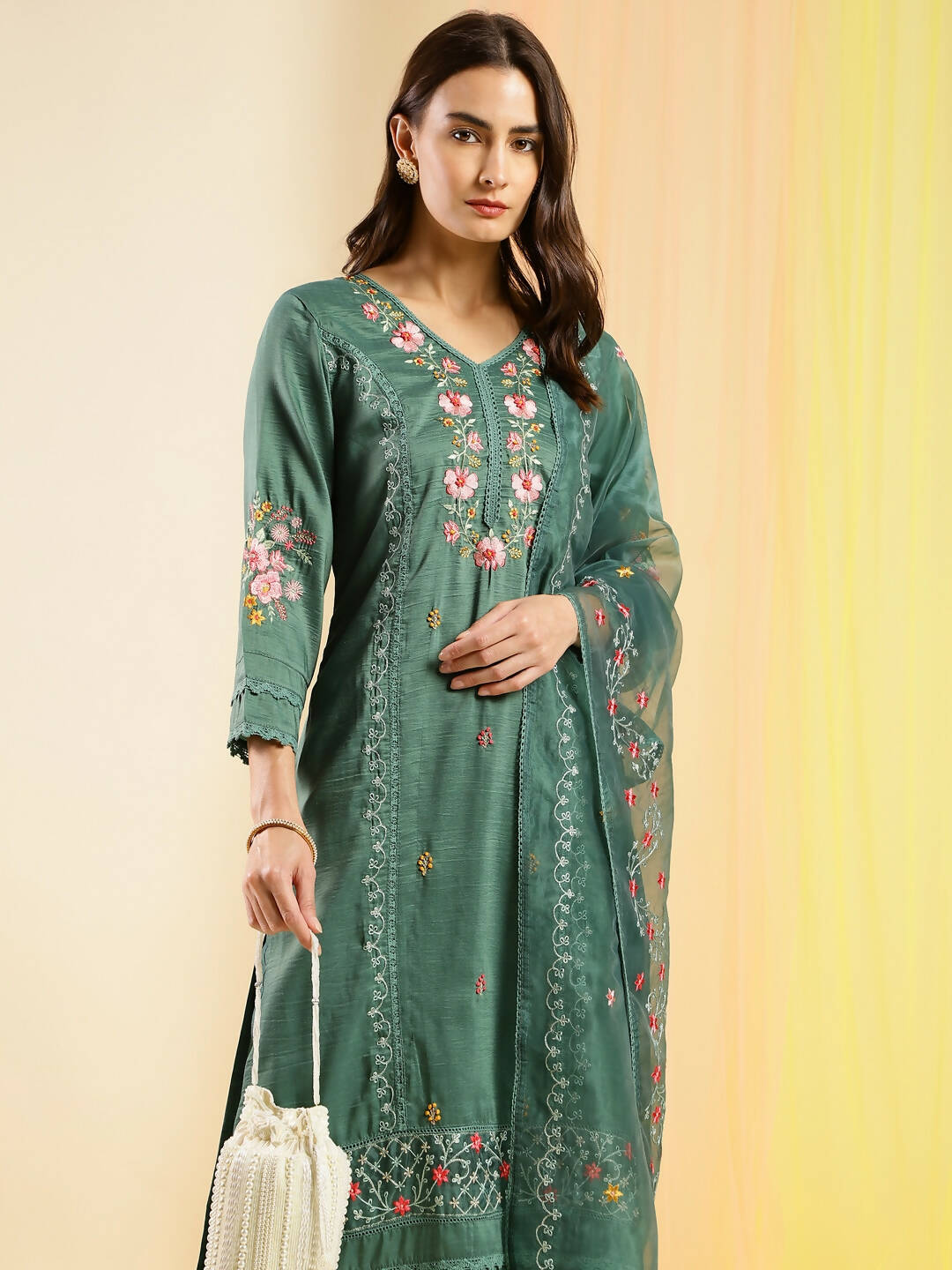 Green Chinon Embroidered Straight Kurta with Trouser & Dupatta - Salimar