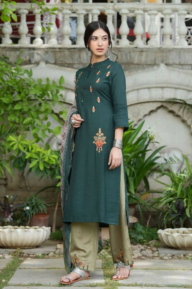 Juniper Bottle Green Mono Viscose Festive Wear Embroidered Straight Kurta Pant Dupatta Set