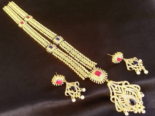 Blue & Pink AD Bridal Long Necklace Set