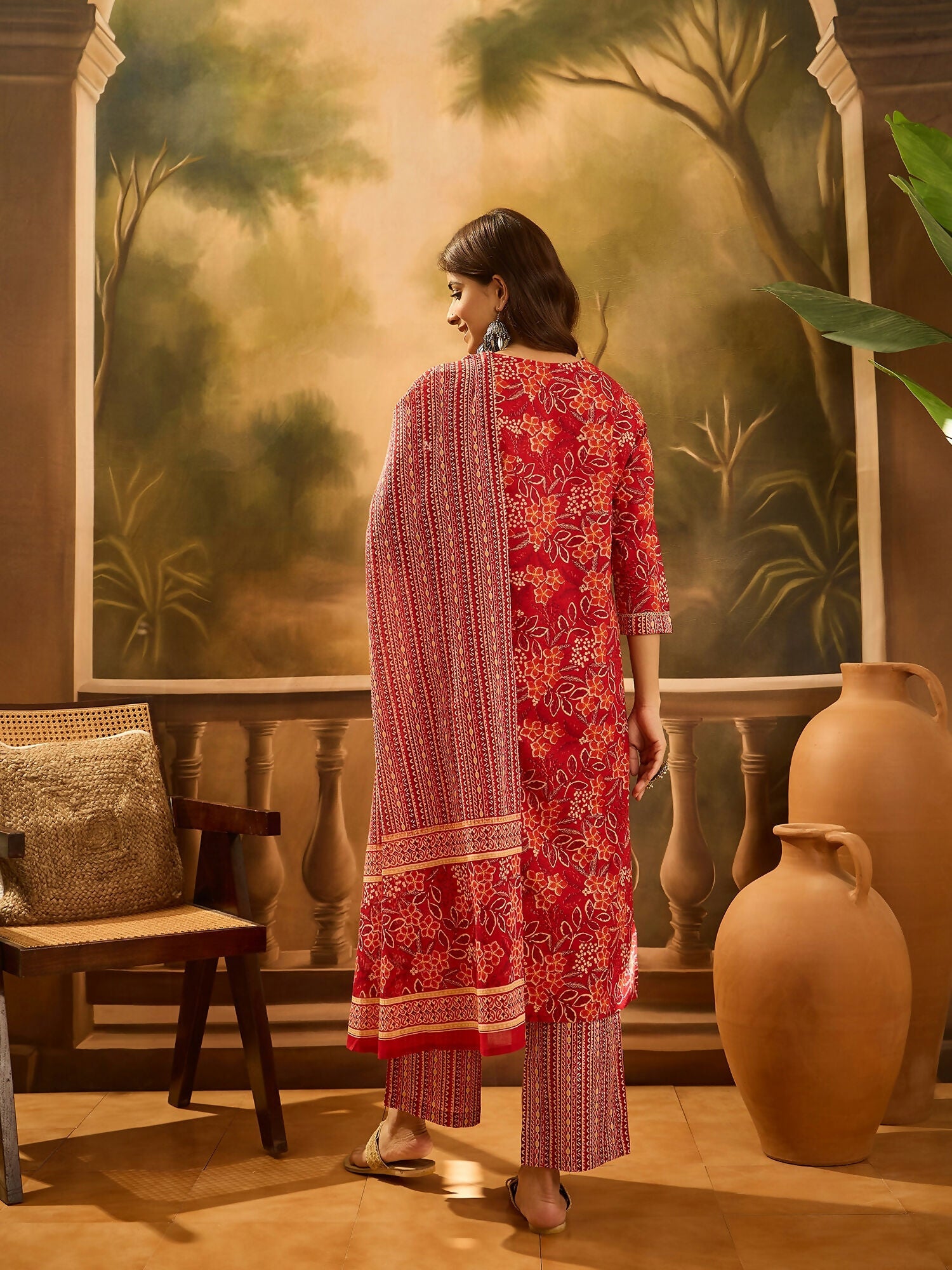 Joban Fashion Printed Red Pure Cotton Kurta Set