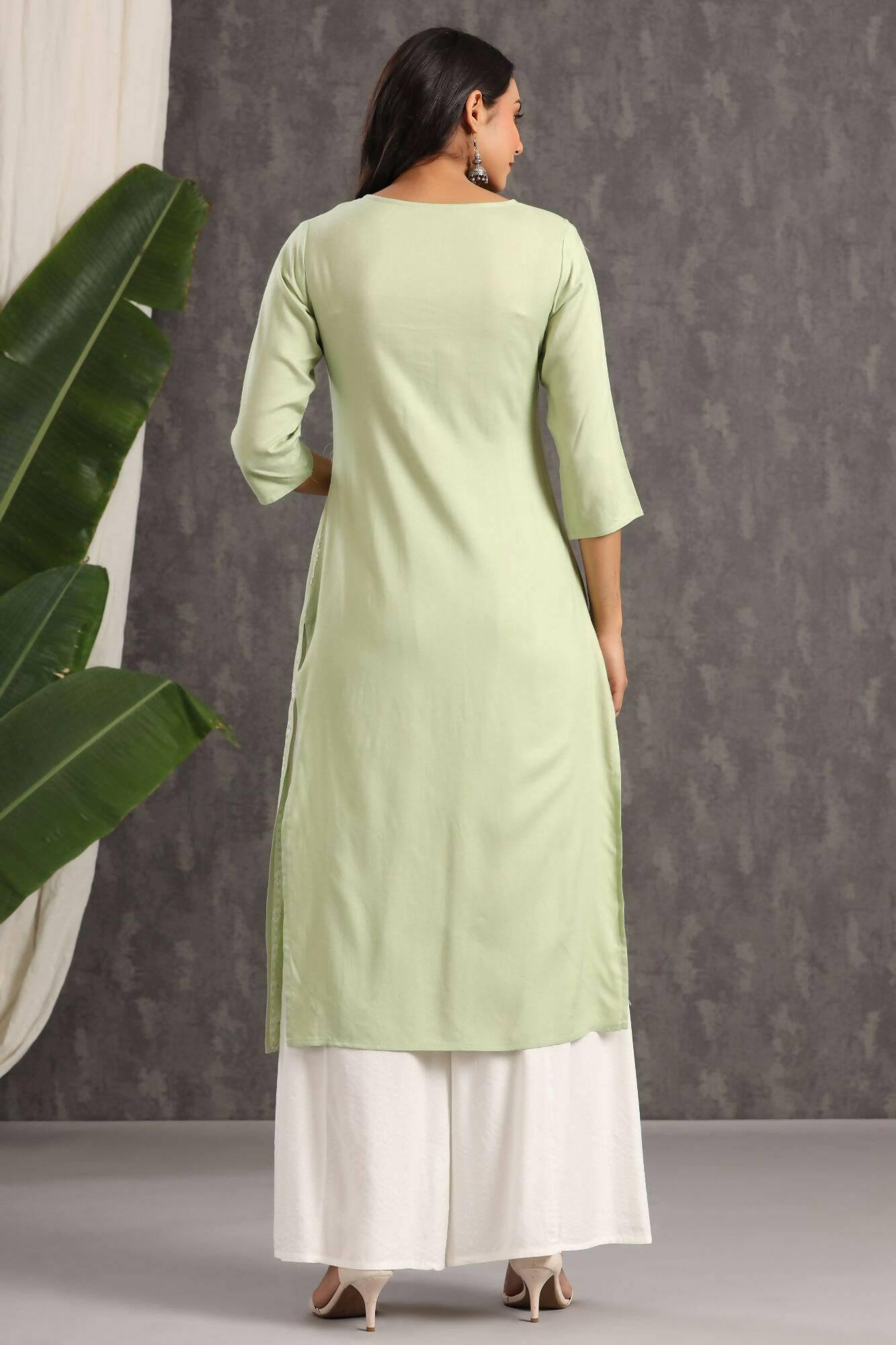 Juniper Women Lightolive Rayon Embroidered Straight Kurta