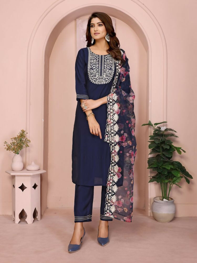 Joban Fashion Women Navy Blue Roman Embroidery Stitched Kurta Set