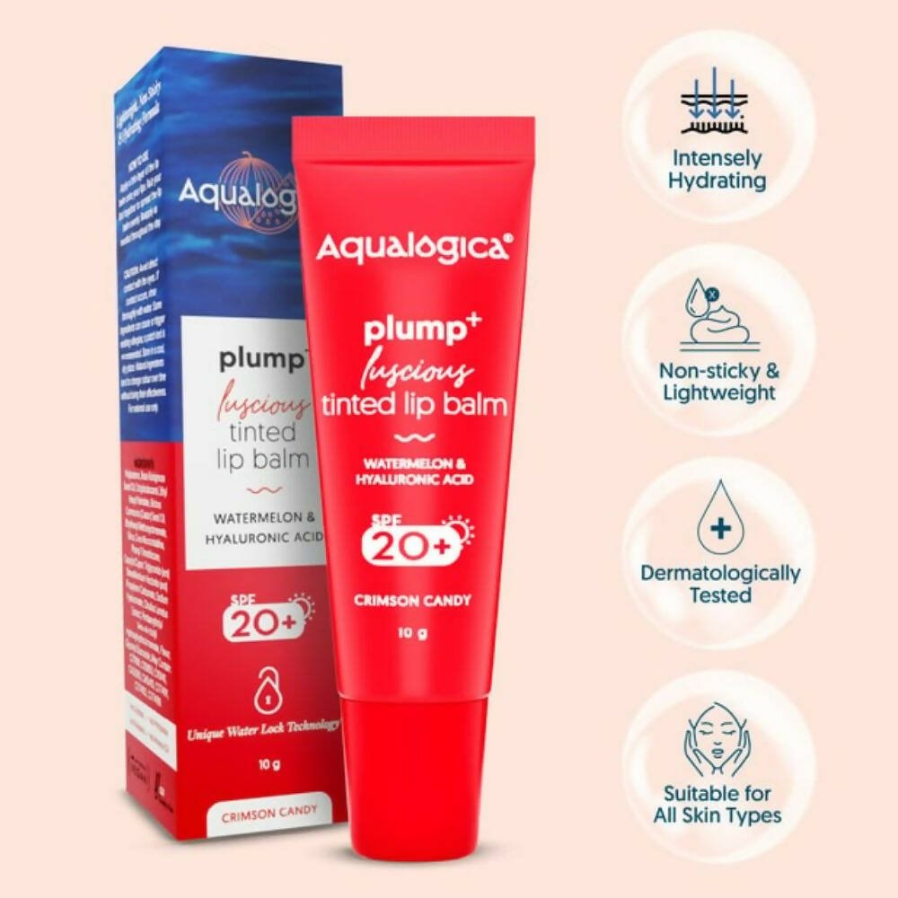 Aqualogica Crimson Candy Plump+ Luscious Tinted Lip Balm with Watermelon and Hyaluronic Acid, SPF 20+ 
