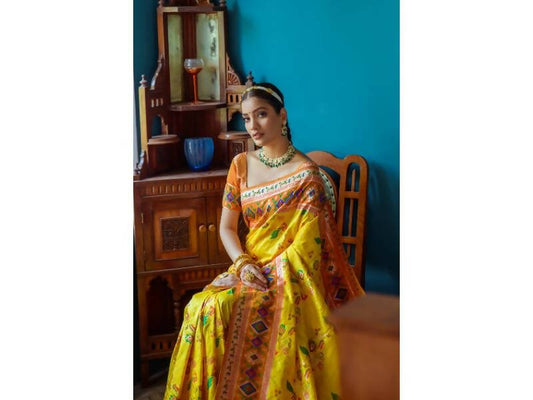 Aastha Fashion Women's Yellow Paithani Silk Meenakari Zari Woven Saree with Blouse - Grab2buy