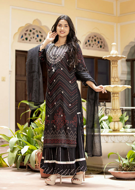 Kaajh Women's Black Embroidered Cotton Kurta Sharara Set With Dupatta