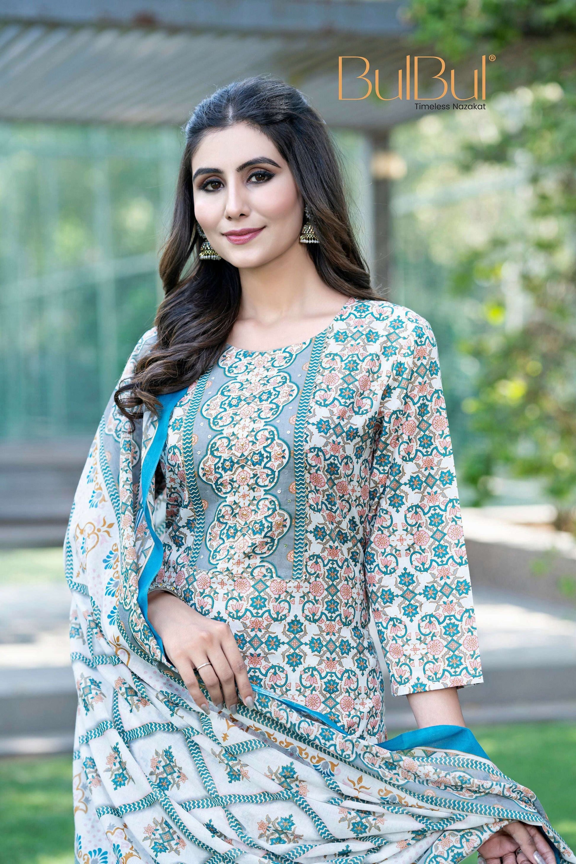 BulBul Fashionista Green-Blue Cotton Kurta Set with Dupatta 