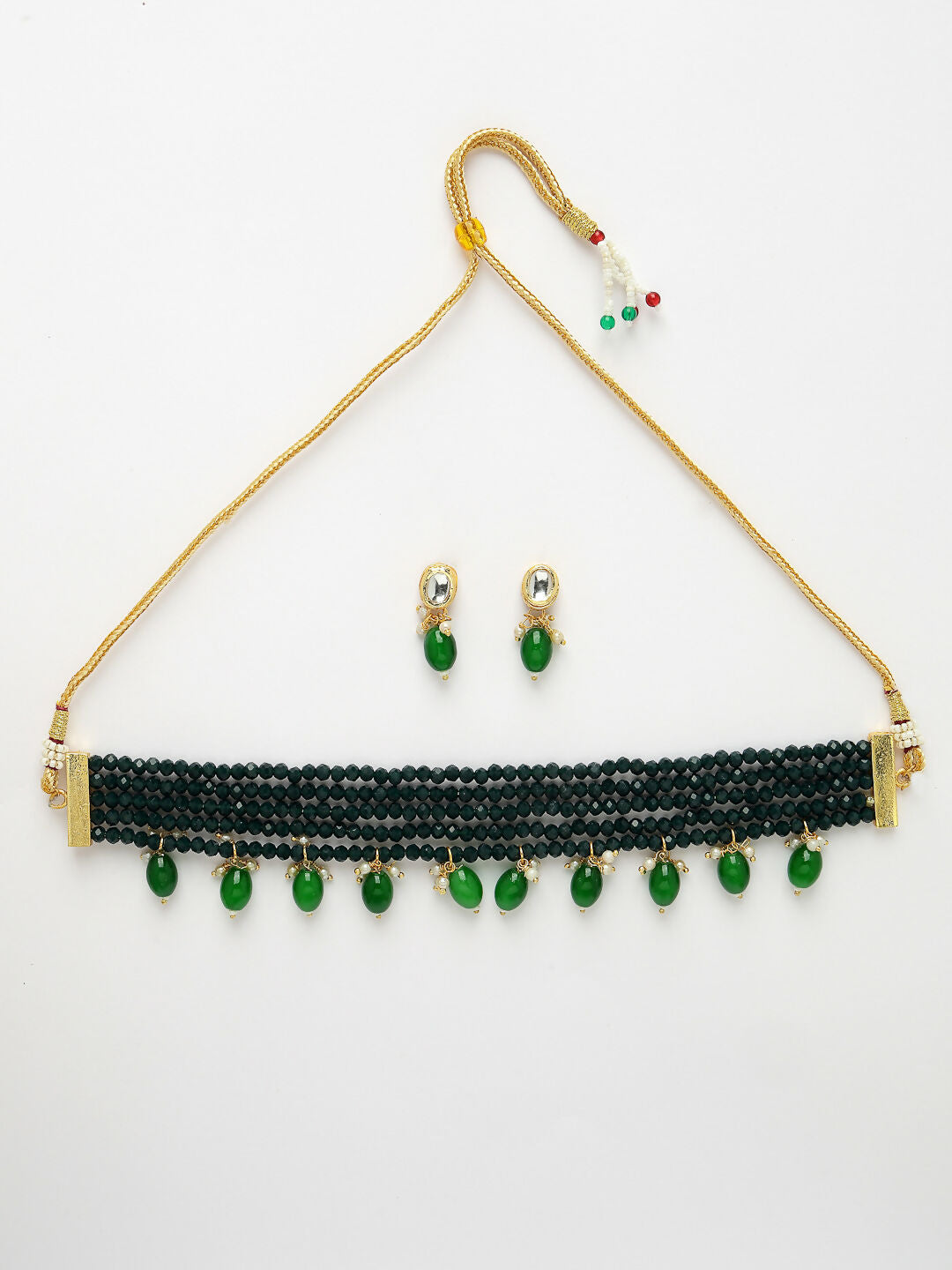 NVR Women's Green Artificial Beads Layered Necklace with Drop Earring NR Retail-NVR
