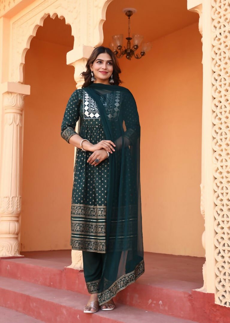 Alvano Women's Embroidery work Print Naira Cut Kurti with Pant and Dupatta set Rayon