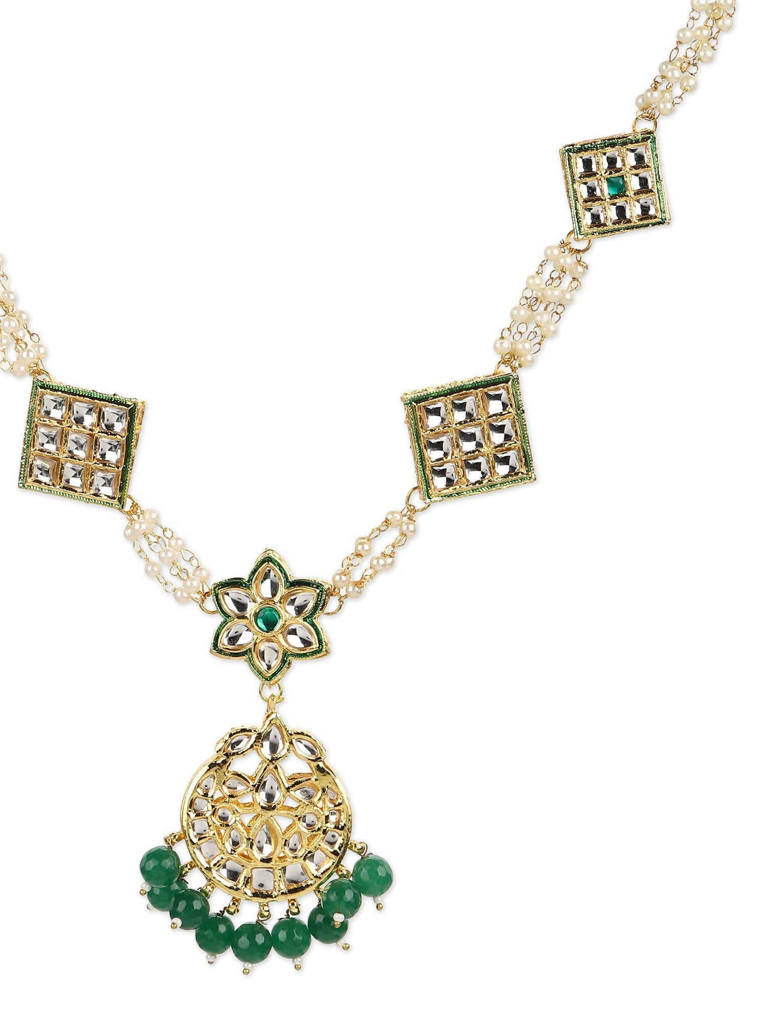 Gold-Plated White Green Kundan-Studded Pearl Beaded Matha Patti - Ruby Raang - Grab2buy