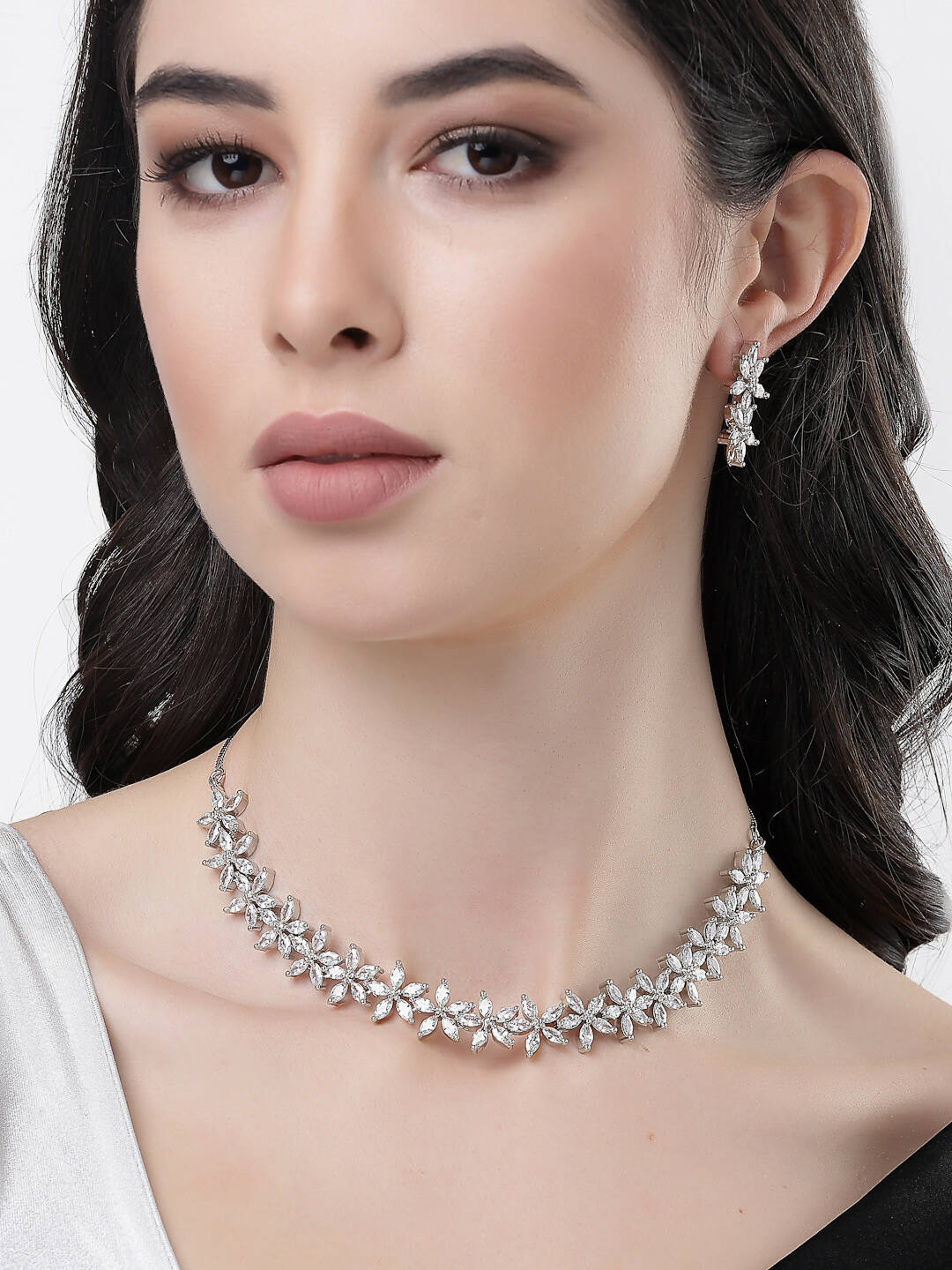 NVR Women Silver Plated Cz Stone Handcrafted Jewellery Set - Grab2buy