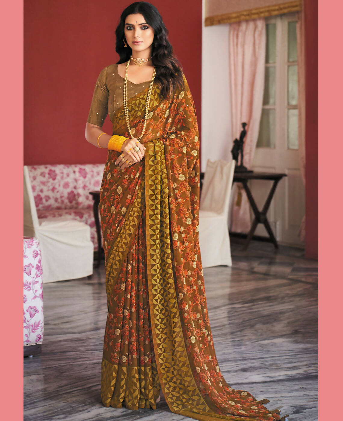 Brown Georgette Brasso Floral Printed Saree With Unstitched Blouse Piece - Zyanya