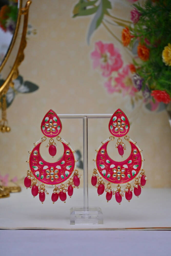 Gold Plated Brass & Pearl Dangle Women Pink Hand Painted Meenakari Chandbali Earrings By House of Ree - Grab2buy