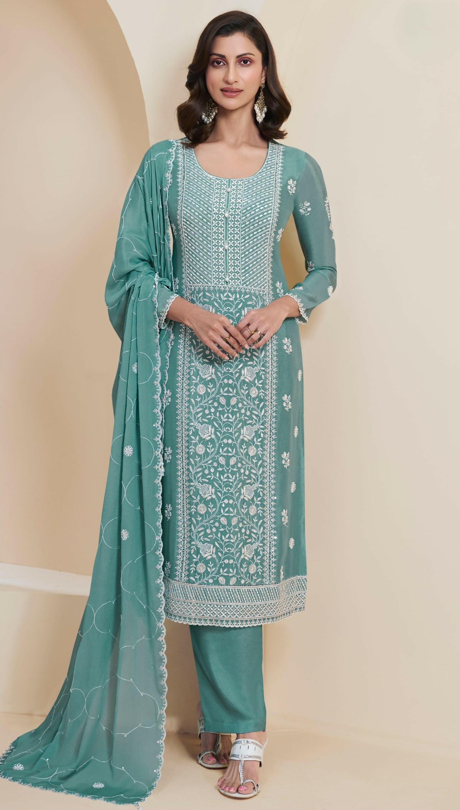 Anaita Green Chinon Embroidered Thread Work Stitched Salwar Suit