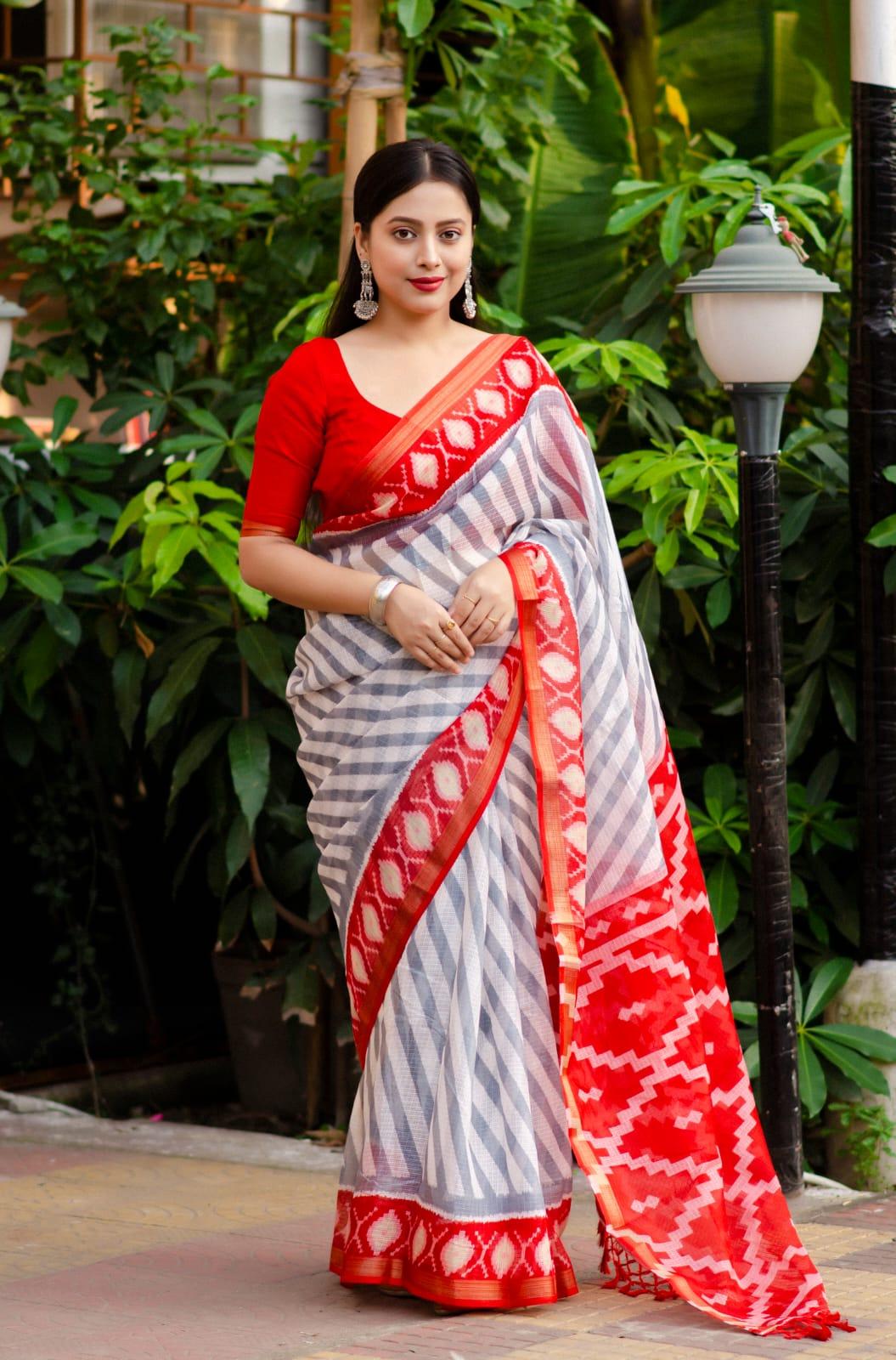 Grey Polycotton Ethnic Motifs Saree with Unstitched Blouse - A2M