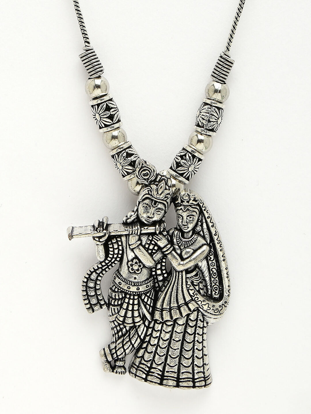 NVR Women's Silver-Toned Radha Krishna Pendant with Chain 