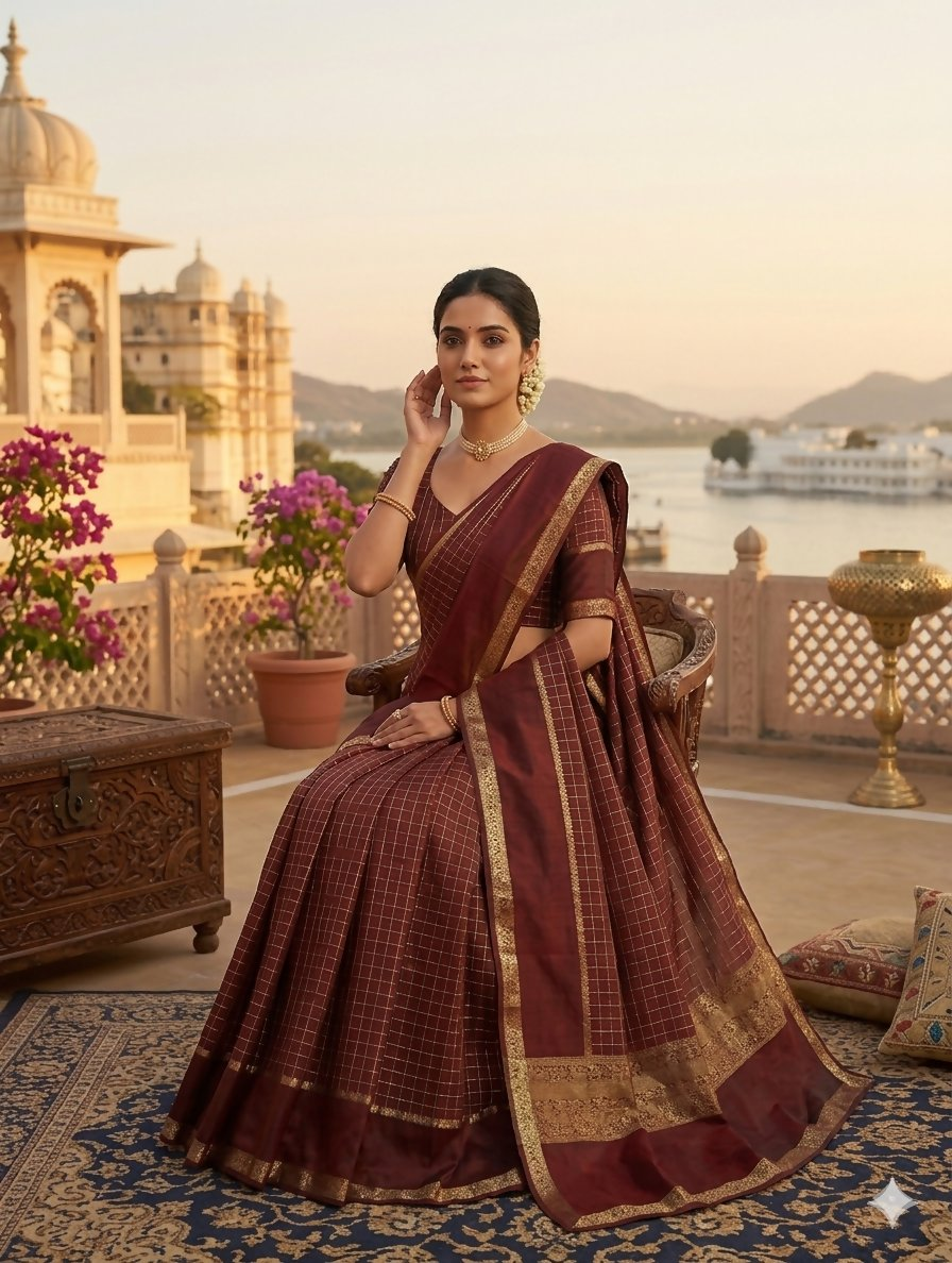 Teeya Creation New South Indian Silk Checked Half Saree Lehenga Choli with Zari Border-Maroon