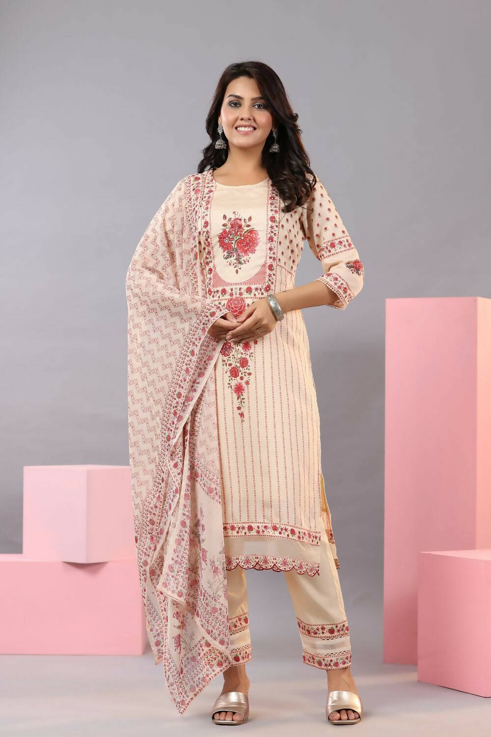Juniper Women Ecru Muslin Floral Printed Kurta, Pants and Dupatta Set
