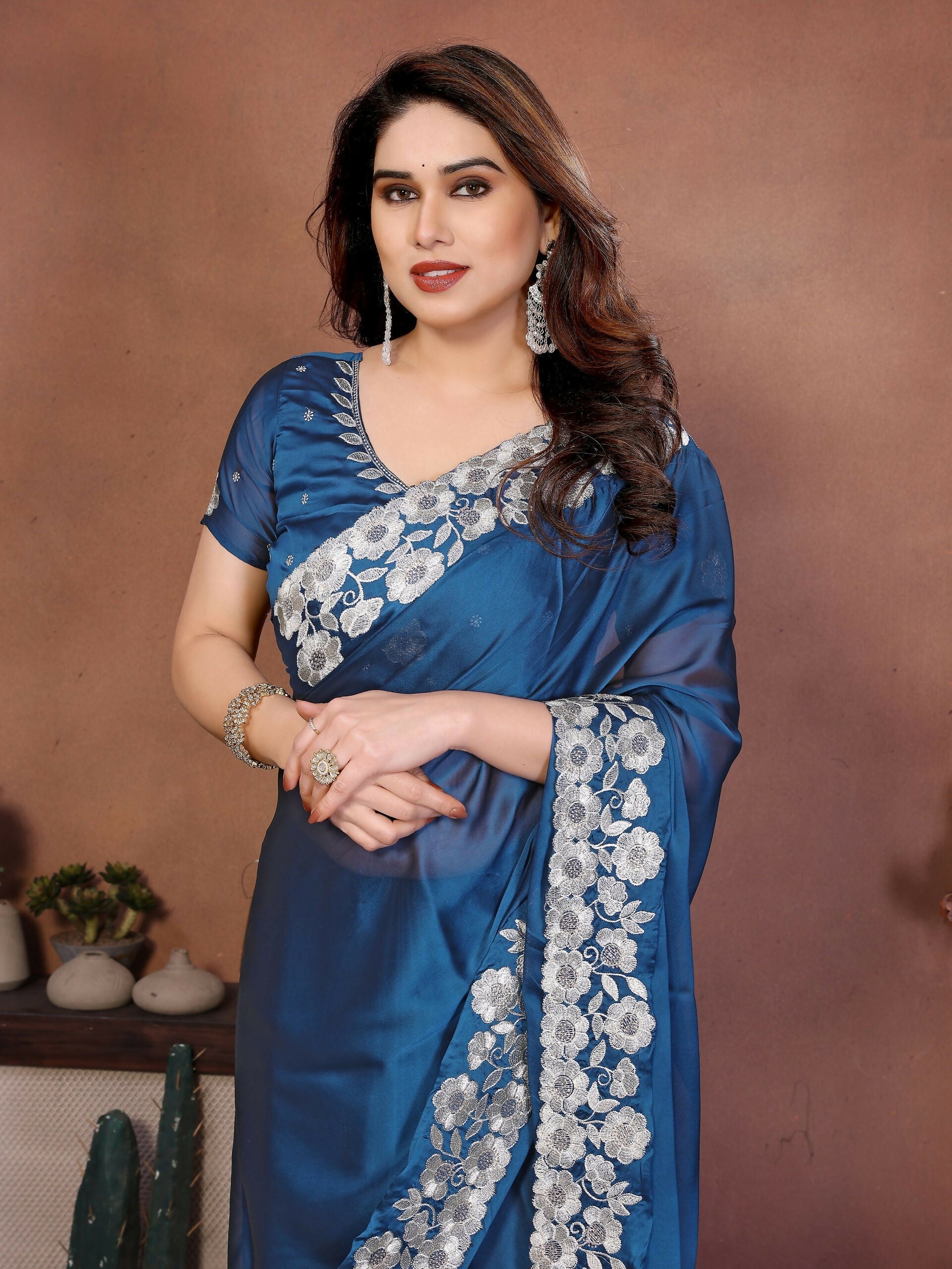Teeya Creation New Trendy Stylish Party Wear Silk Saree-Blue