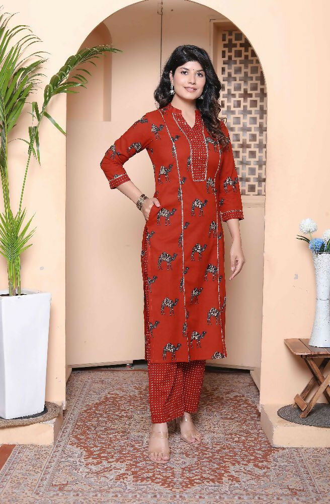 Miravan Womens Rust Animal Printed Three Quarter Sleeves Pure Cotton Kurta With Palazzo